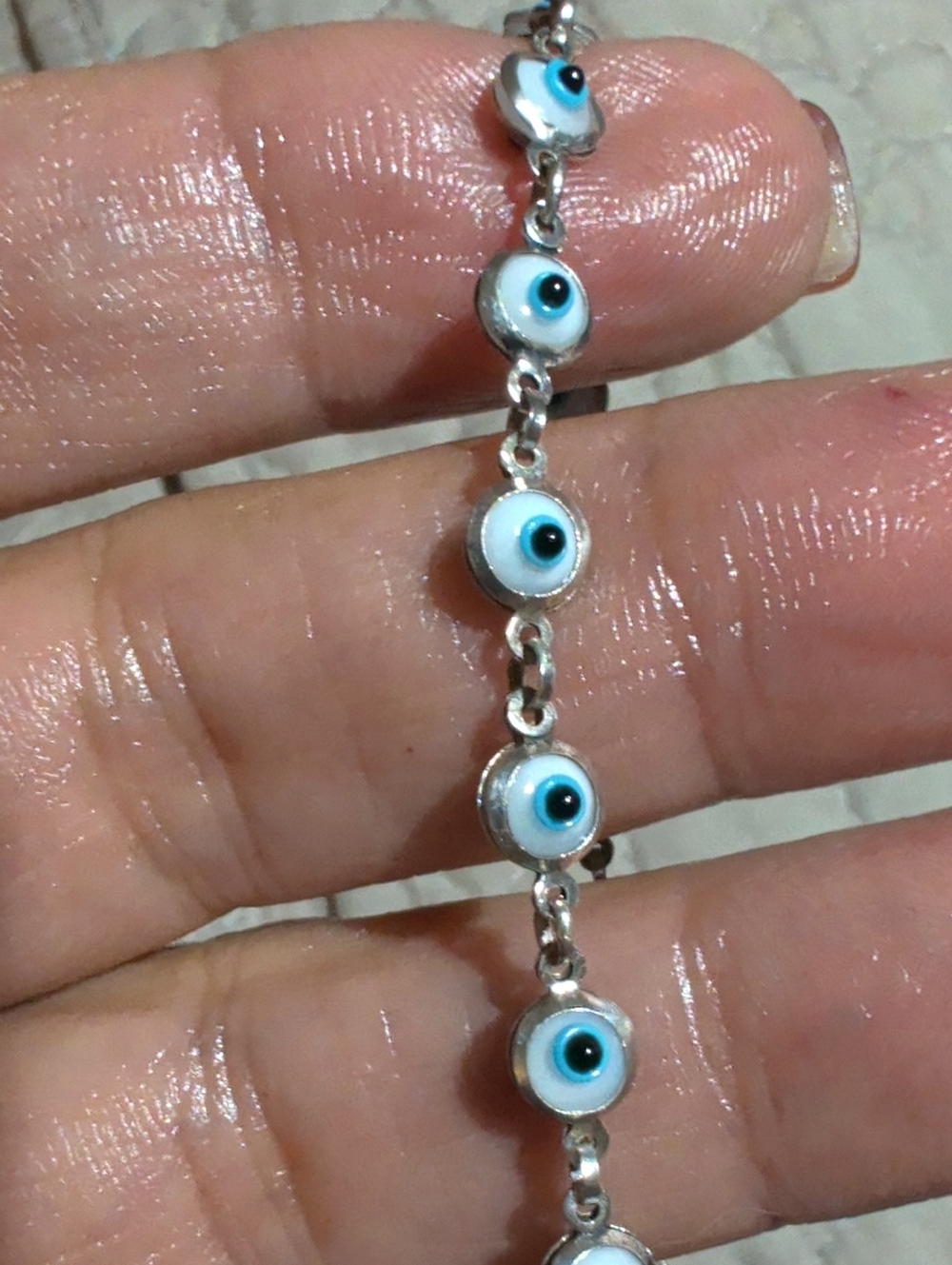 925 Sterling Silver Evil Eye Link Bracelet - Blue and White Size 7.5-8